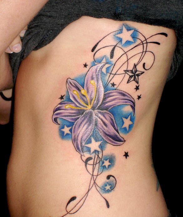 Cool Hibiscus Flower With Stars Tattoo On Girl Side Rib