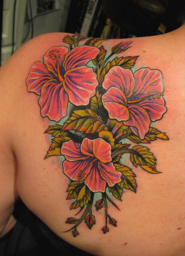 Cool Hibiscus Flowers Tattoo On Left Back Shoulder By Ben Pease