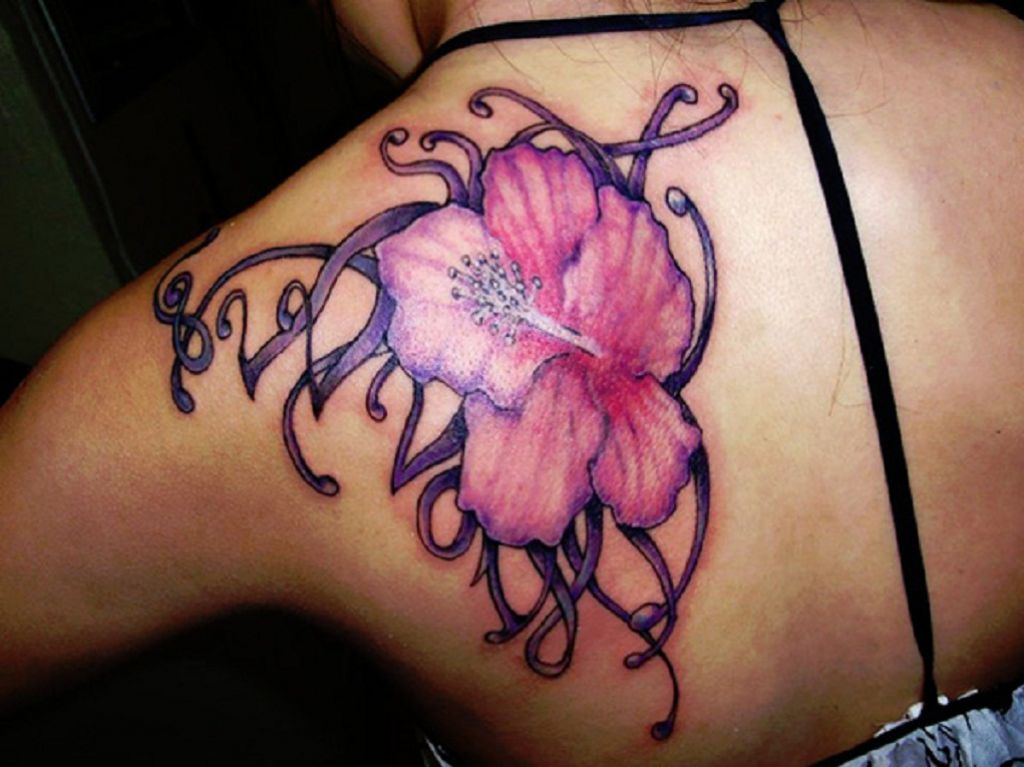 Cool Pink Ink Hibiscus Flower Tattoo On Left Back Shoulder
