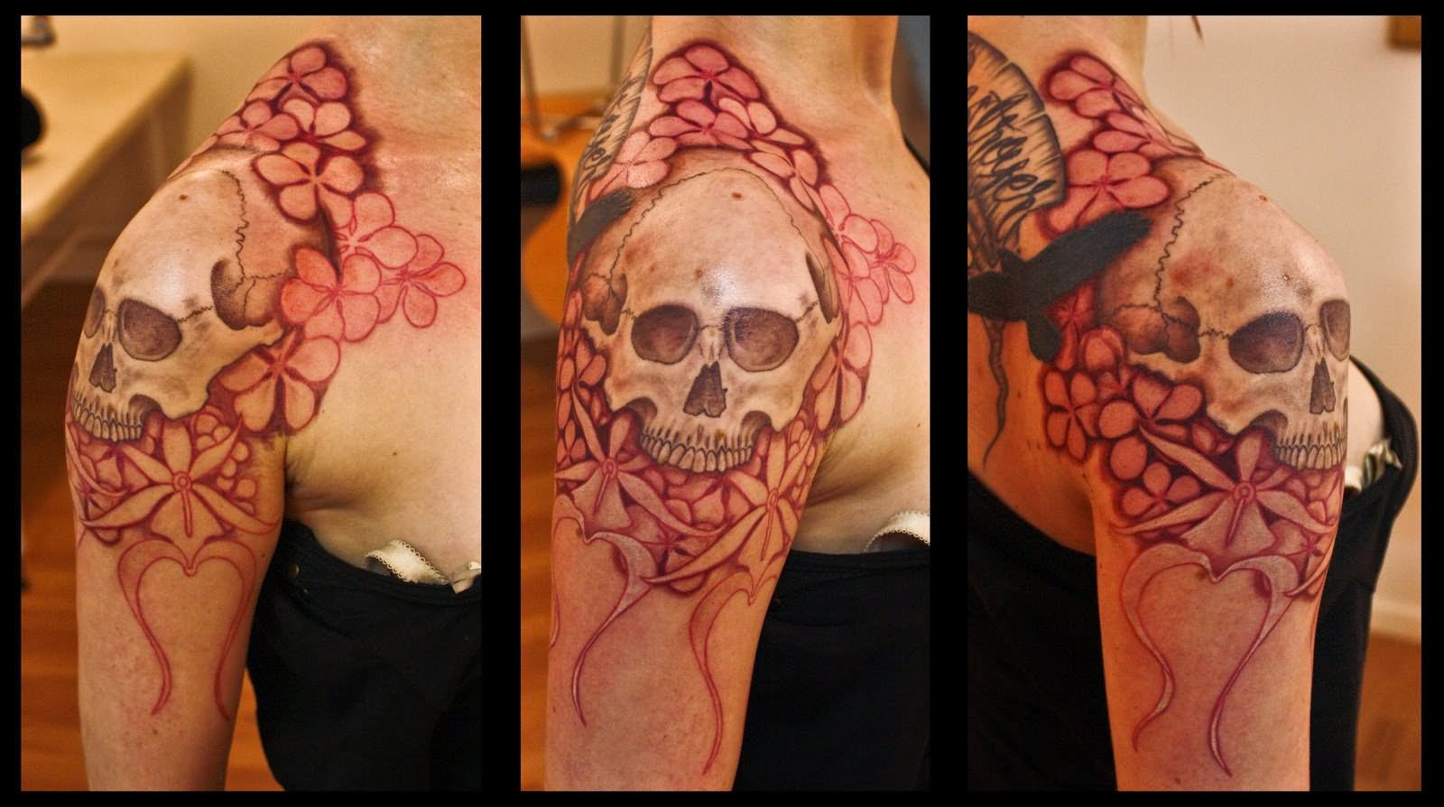 Cool Skull With Flowers Tattoo On Girl Right Half Sleeve'