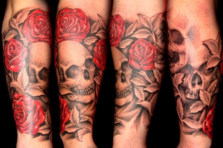 Cool Skull With Roses Tattoo Design For Half Sleeve