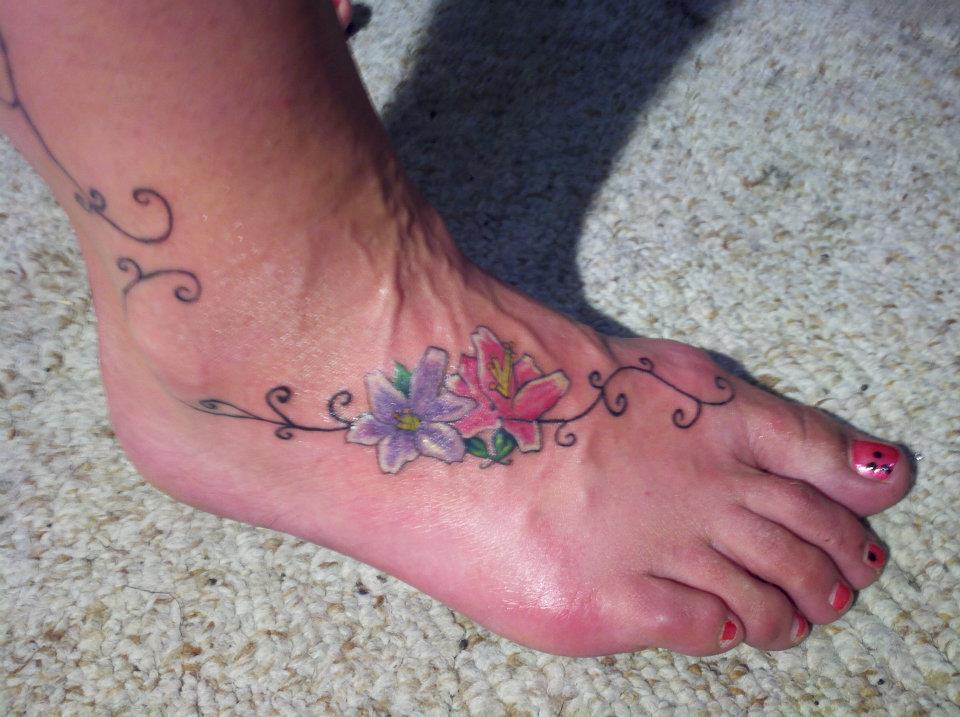 Cool Two Hibiscus Flower Tattoo On Girl Right Foot