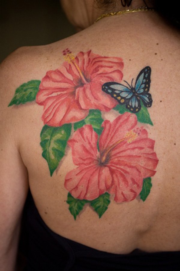 Cool Two Hibiscus Flowers With Butterfly Tattoo On Left Back Shoulder