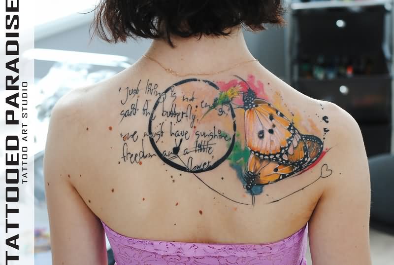 Cool Watercolor Butterflies Tattoo On Girl Right Back Shoulder By Aleksandra Katsan