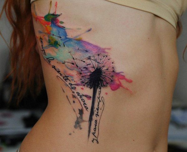 Cool Watercolor Dandelion Tattoo On Girl Side Rib