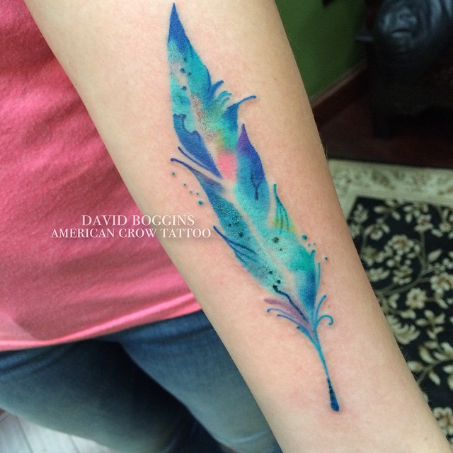 Cool Watercolor Feather Tattoo Design For Forearm