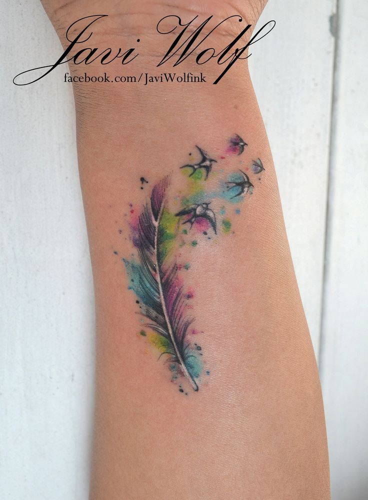 Cool Watercolor Feather With Flying Birds Tattoo Design For Wrist By Javi Wolf
