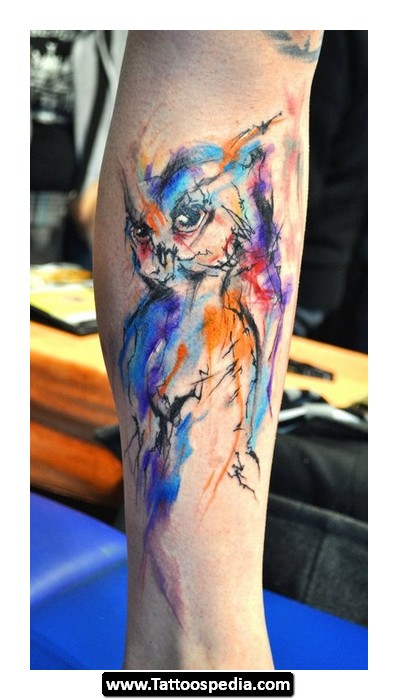 Cool Watercolor Owl Tattoo Design For Leg