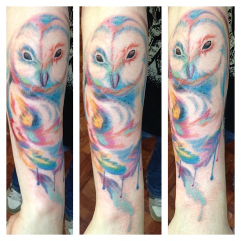 Cool Watercolor Owl Tattoo Design For Sleeve