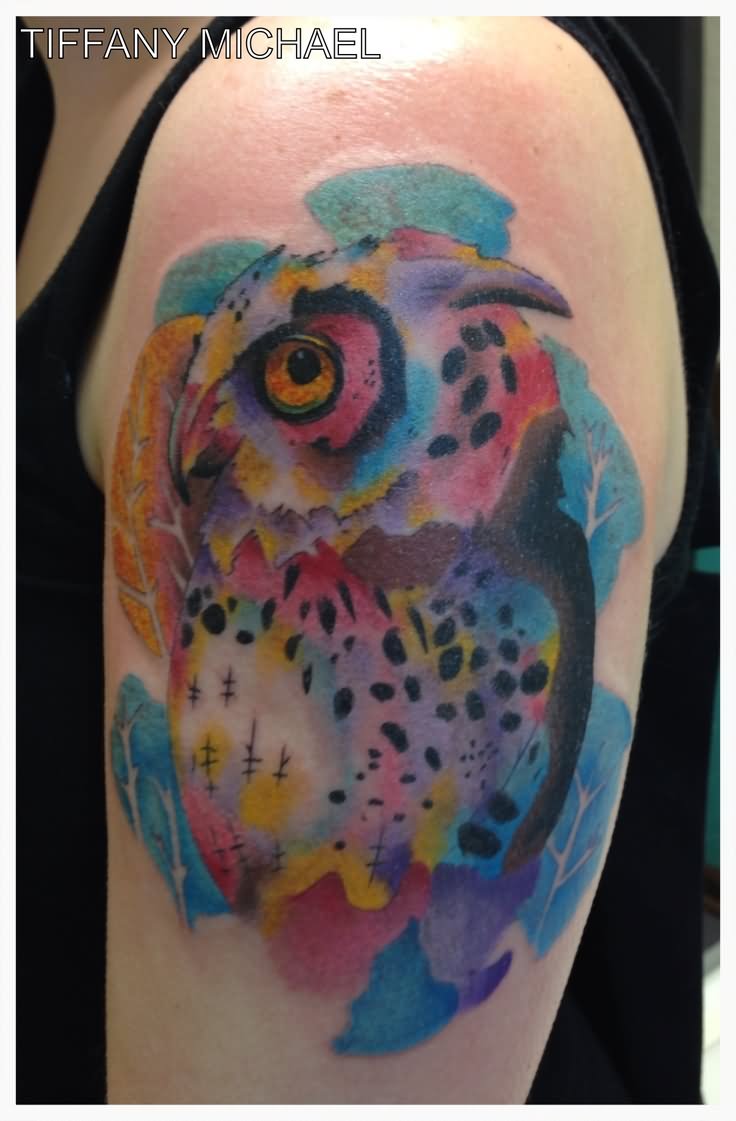 Cool Watercolor Owl Tattoo On Left Half Sleeve