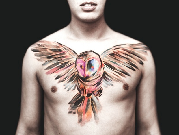 Cool Watercolor Owl Tattoo On Man Chest