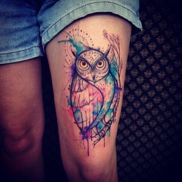 Cool Watercolor Owl Tattoo On Thigh