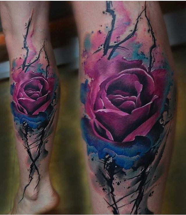 Cool Watercolor Rose Tattoo On Leg