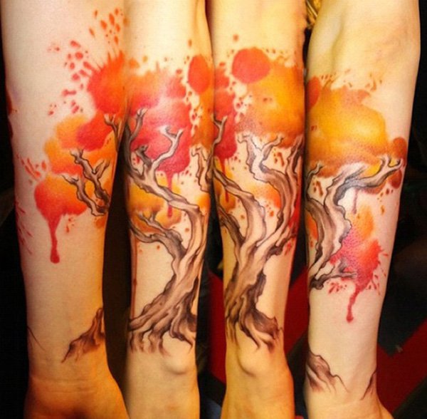 Cool Watercolor Tree Tattoo Design For Forearm