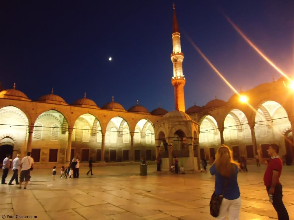 Courtyard And Ablution Of Blue Mosque During Night