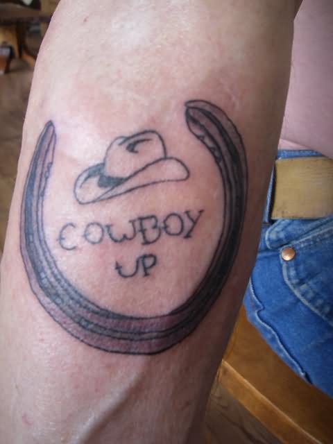 Cowboyup Horse Shoe Tattoo On Forearm