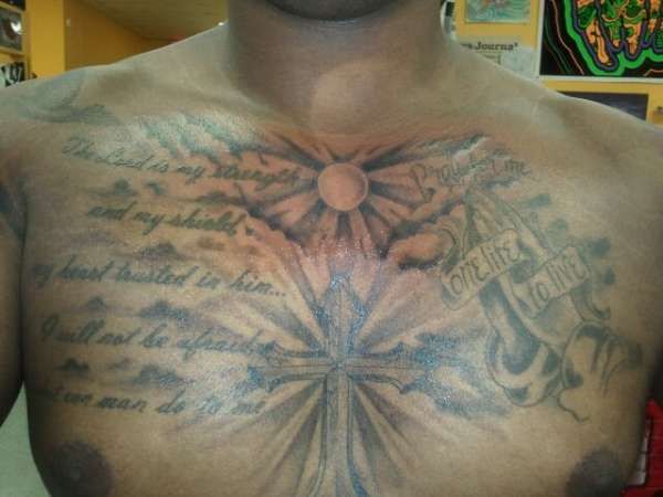 Cross With Clouds Tattoo On Man Chest