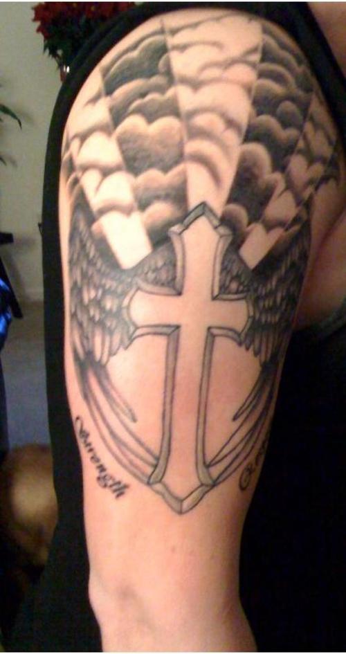 Cross With Wings Tattoo On Right Half Sleeve