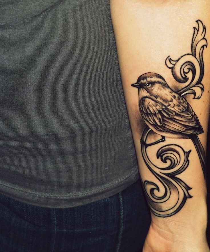 Cute Black And Grey Bird Tattoo On Left Arm