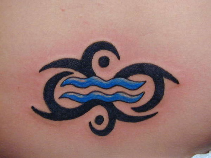 Cute Tribal And Aquarius Tattoo On Back