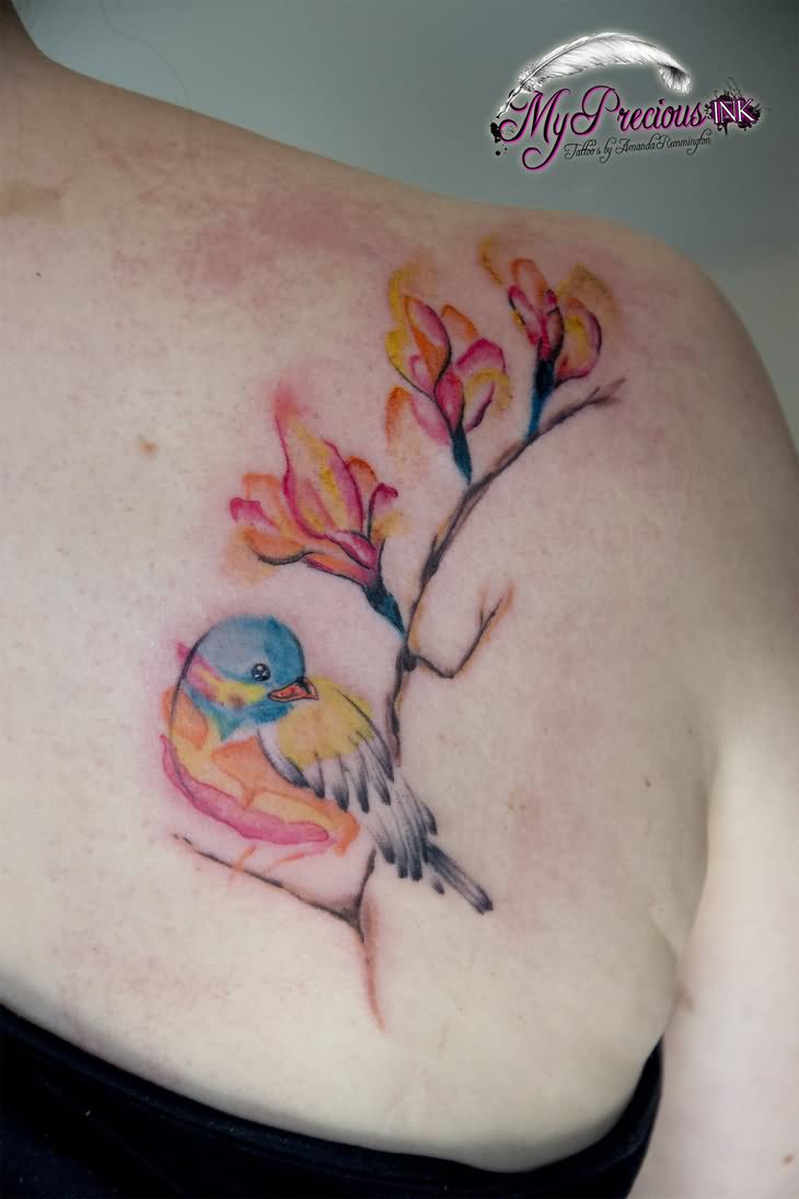 Cute Watercolor Bird Tattoo On Right Back Shoulder By Amanda Remmington