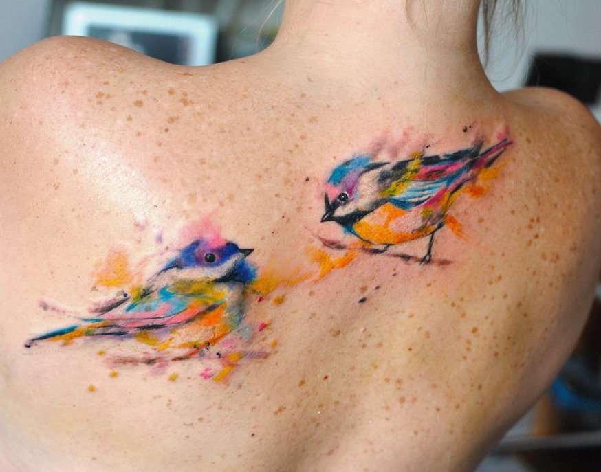 Cute Watercolor Birds Tattoo On Upper Back