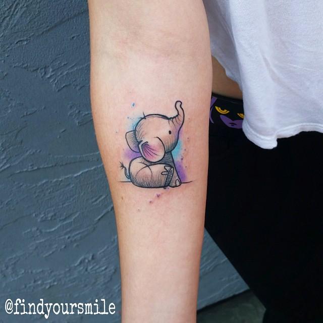Cute Watercolor Elephant Baby Tattoo On Forearm By Russell Van Schaick