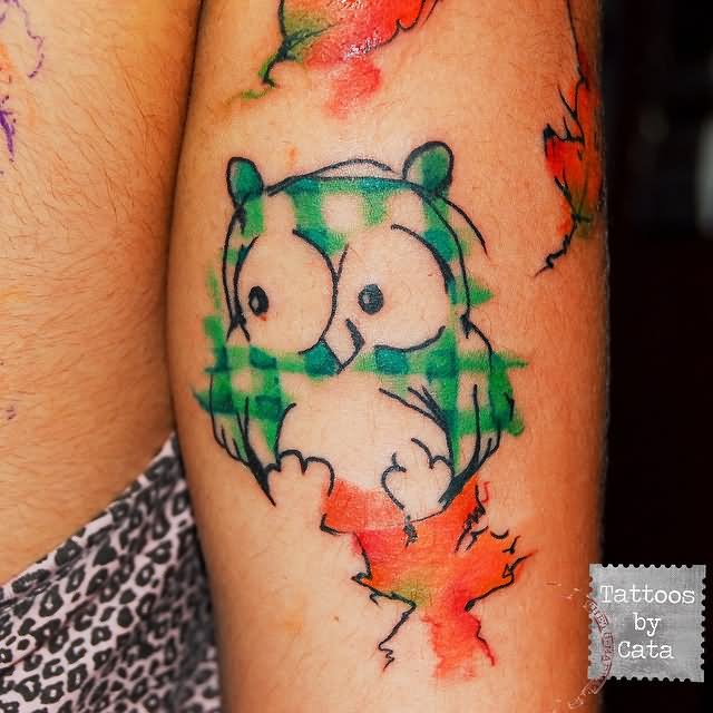Cute Watercolor Owl Tattoo On Right Half Sleeve