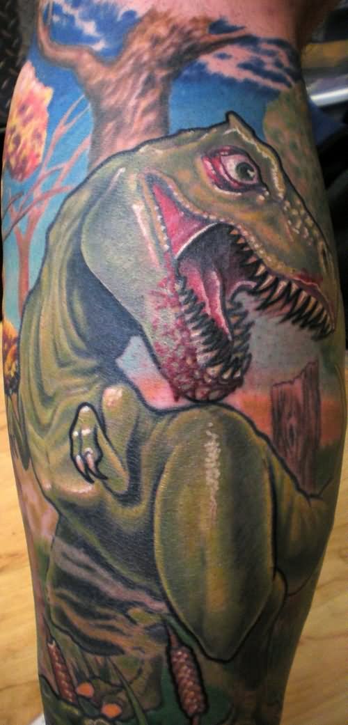 Demon Dinosaur Tattoo On Back Leg