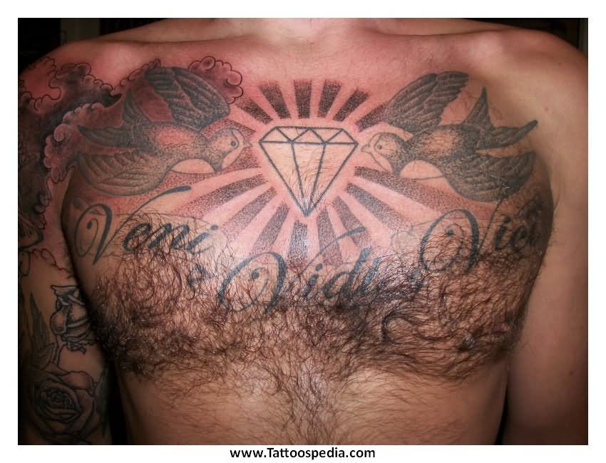 Diamond With Clouds And Flying Birds Tattoo On Man Chest