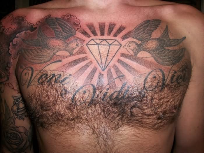 Diamond With Flying Birds Tattoo On Man Chest
