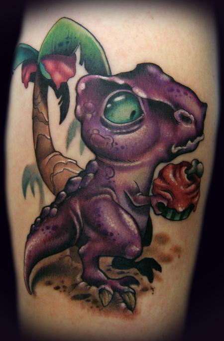 Dinosaur Eating Cupcake Tattoo by Kelly Doty