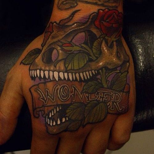 Dinosaur Head And Wonder Banner Tattoo On Hand