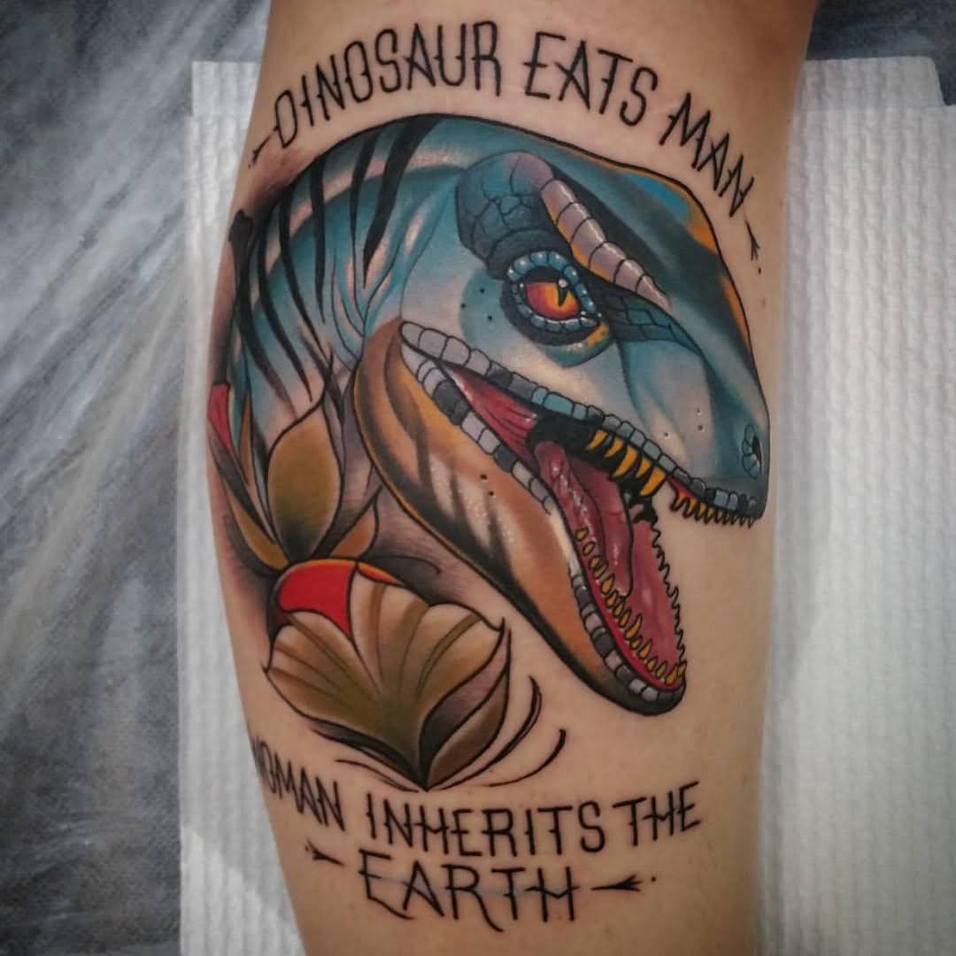 Dinosaur Head Tattoo On Leg Calf by Brendan Boz