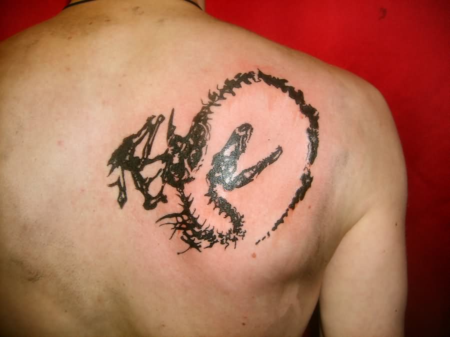Dinosaur Skeleton Tattoo On Right Back Shoulder