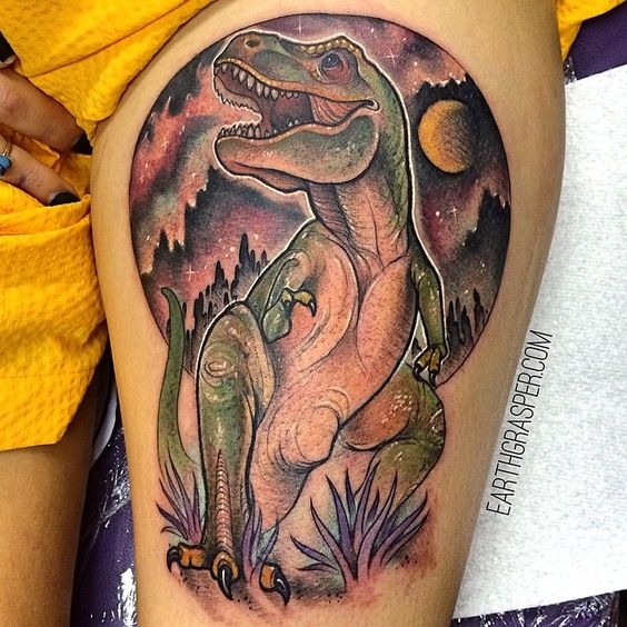 Dinosaur Tattoo On Left Thigh For Girls