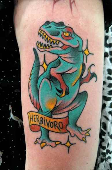 Dinosaur With Herbivoro Banner Tattoo On Half Sleeve