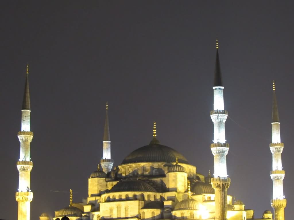 Dome And Minarets Of Blue Mosque At Night