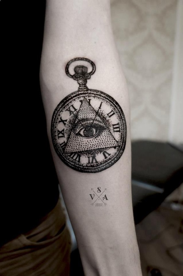 Dotwork Illuminati Eye In Pocketwatch Tattoo On Left Forearm