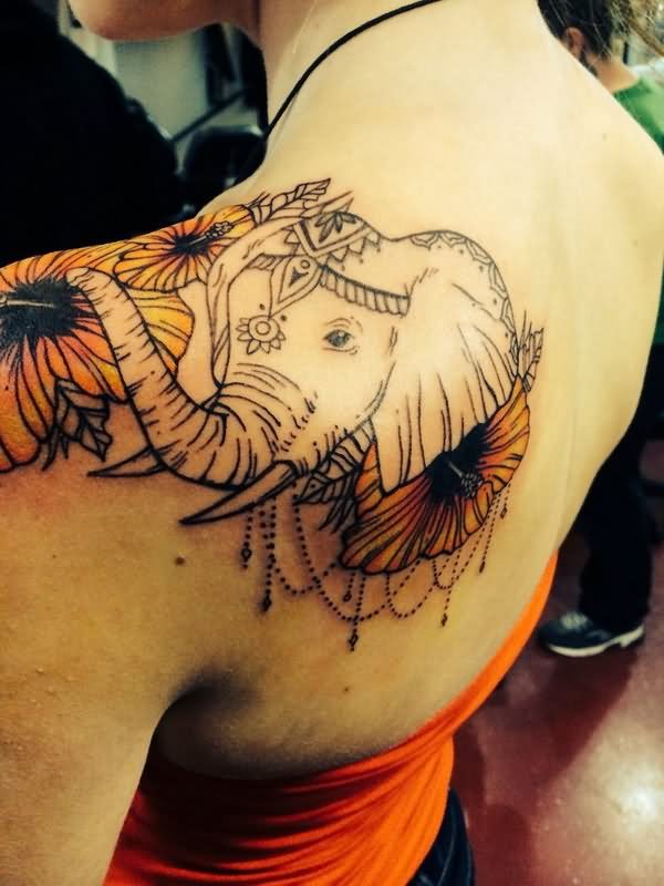 Elephant Trunk Up With Flowers Tattoo On Left Back Shoulder