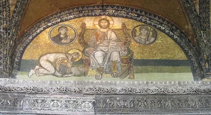 Excellent Mosaic Of Emperor Leo VI On Feets Of Christ Inside The Hagia Sophia Church