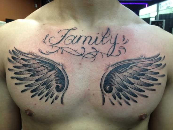 Family - Black Ink Wings Tattoo On Man Chest