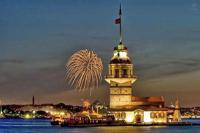 Fireworks Behind The Maiden's Tower In Istanbul