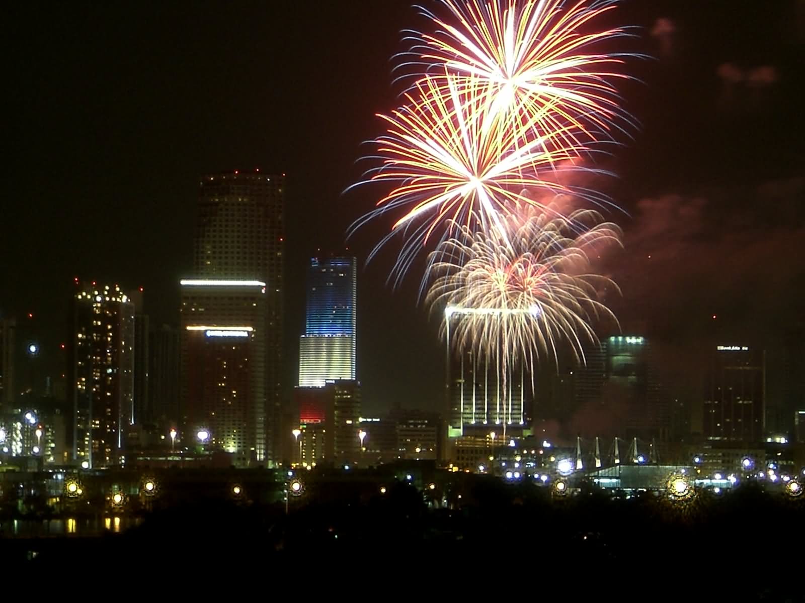 Fireworks Show Over The Miami Tower On Independence Day Of United States Of America
