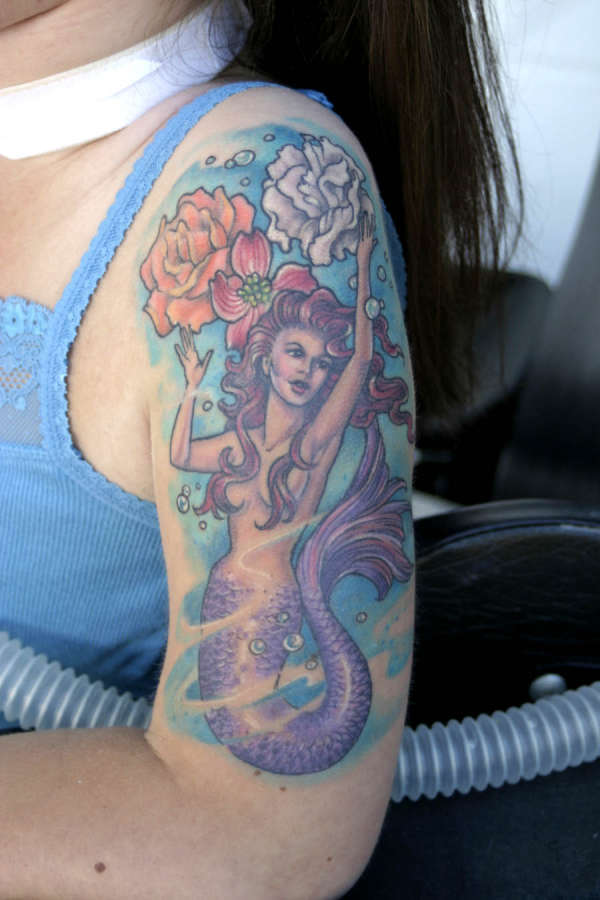 Flowers And Aquarius Mermaid Tattoo On Left Half Sleeve