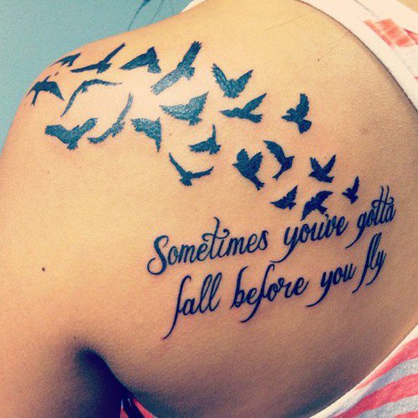Flying Birds And Quote Tattoo On Left Back Shoulder