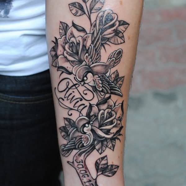 Flying Birds With Roses Tattoo Design For Forearm
