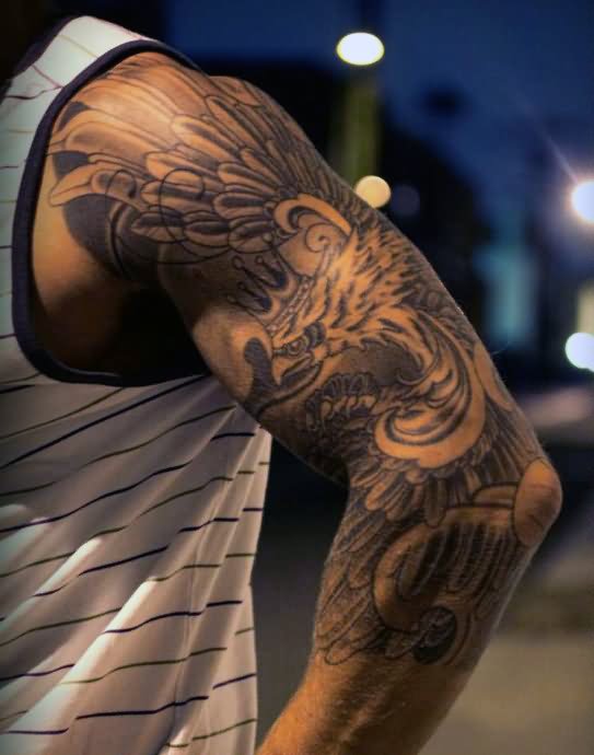 Flying Eagle Tattoo On Man Half Sleeve