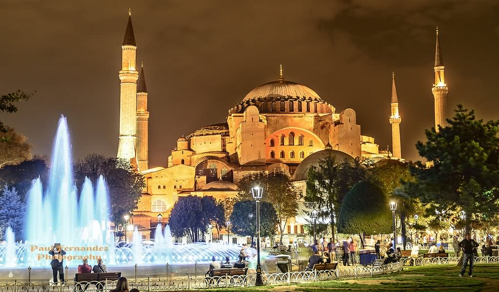 Fountain In Front Of Hagia Sophia At Night In Istanbul, Turkey