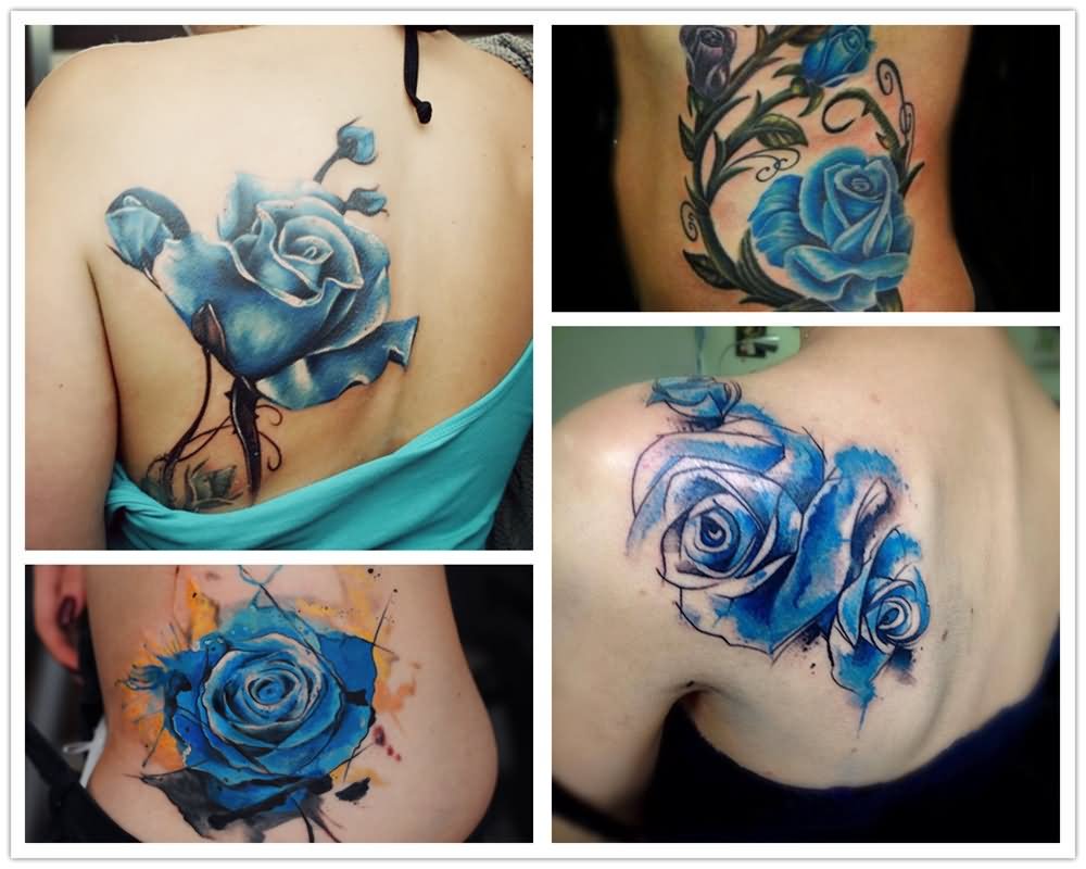 Four Blue Ink Watercolor Rose Tattoo Designs